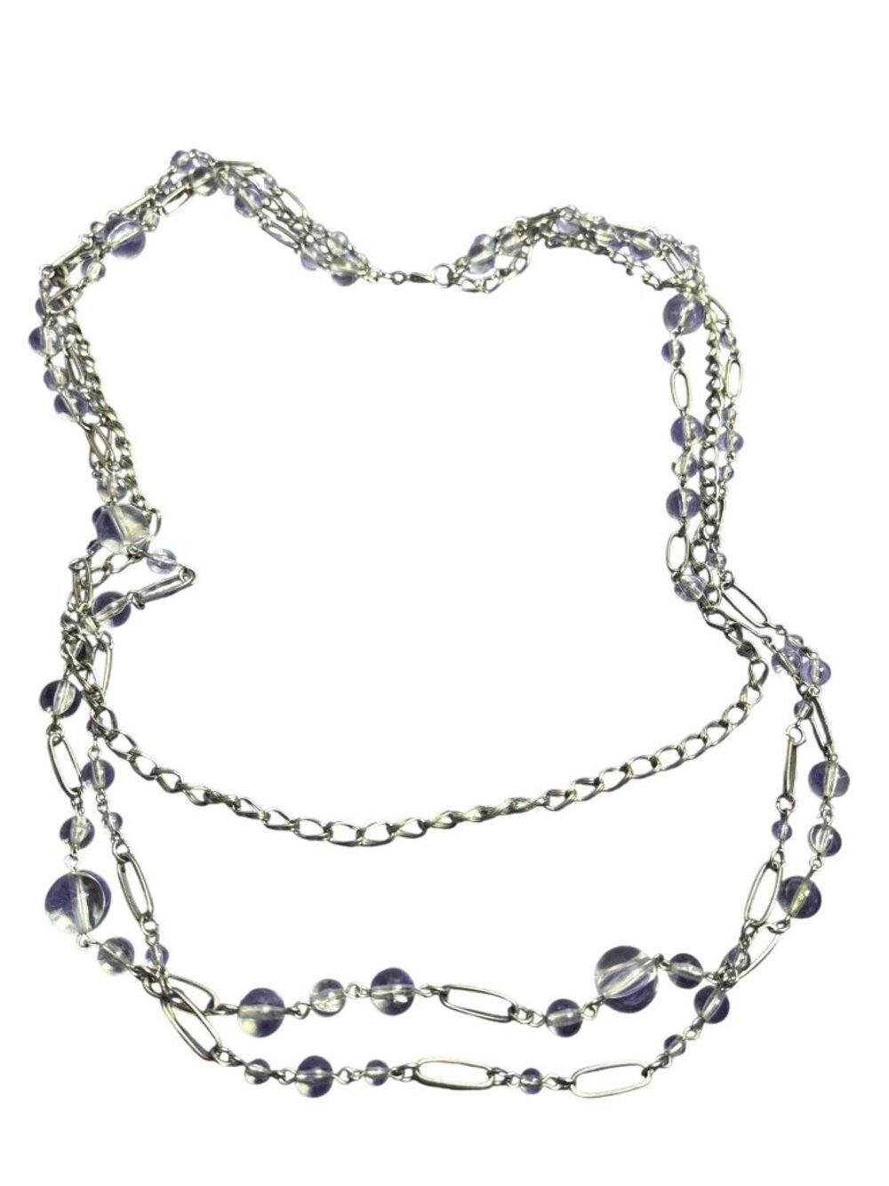 Vintage Y2K 3 Strand Silvertone Chain Necklace Clear Plastic Beads 34-38 inches